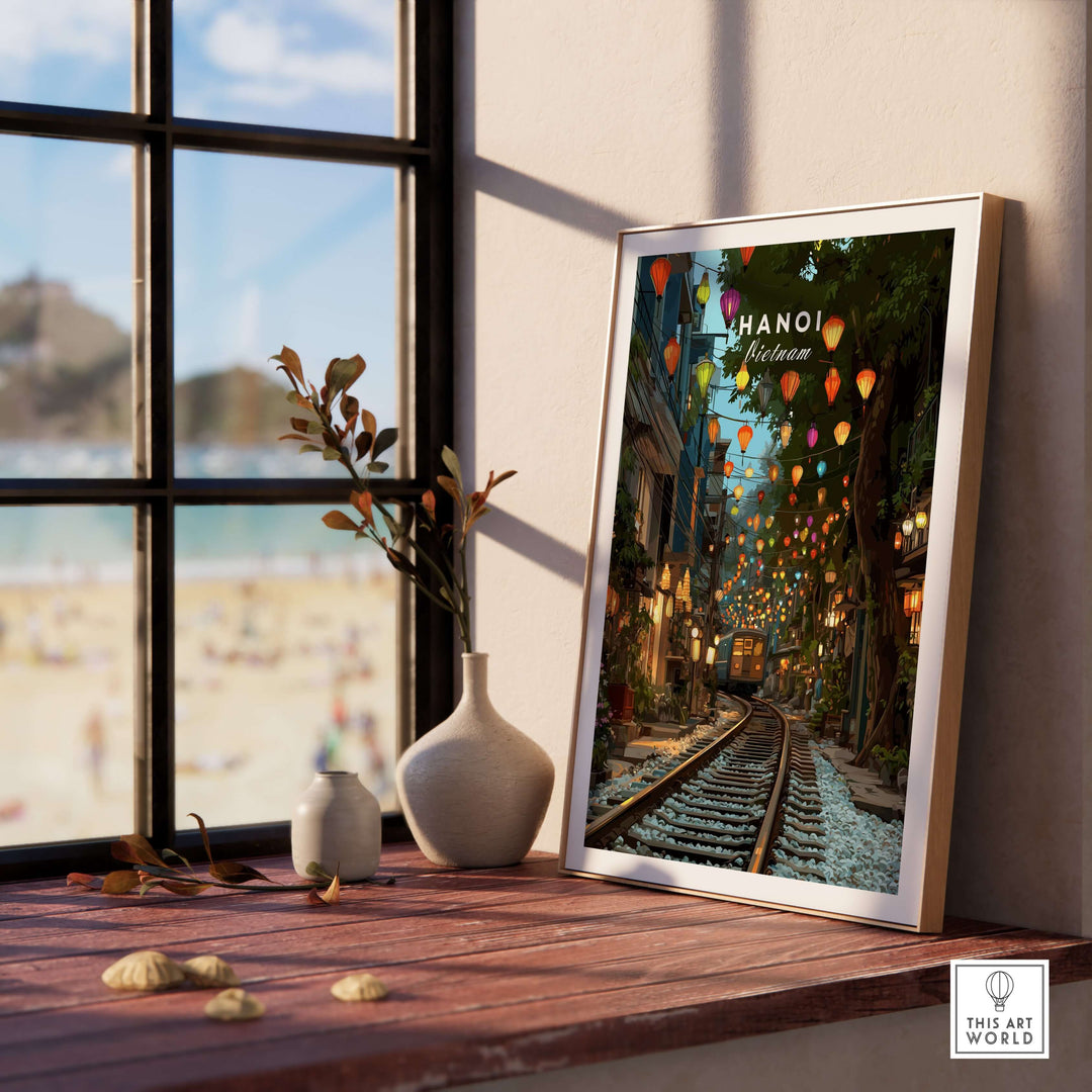 Hanoi Vietnam Train Street print featuring vibrant lanterns and urban life in a stylish home decor setting.