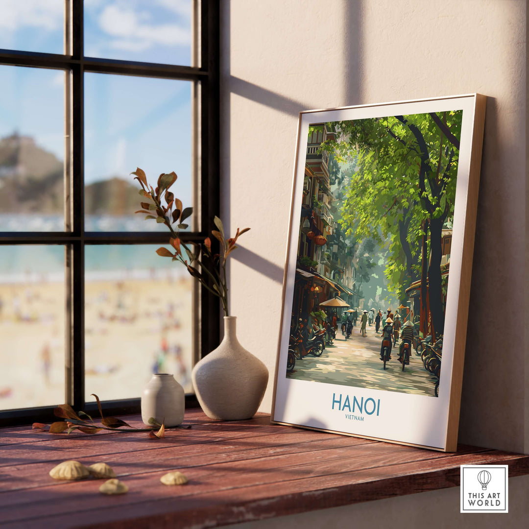 Framed Hanoi Vietnam street wall art poster showcasing vibrant city life and lush greenery.