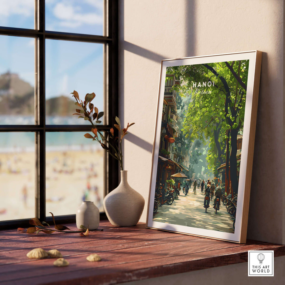 Hanoi Vietnam poster featuring a vivid city street scene in a stylish interior setting with natural light.