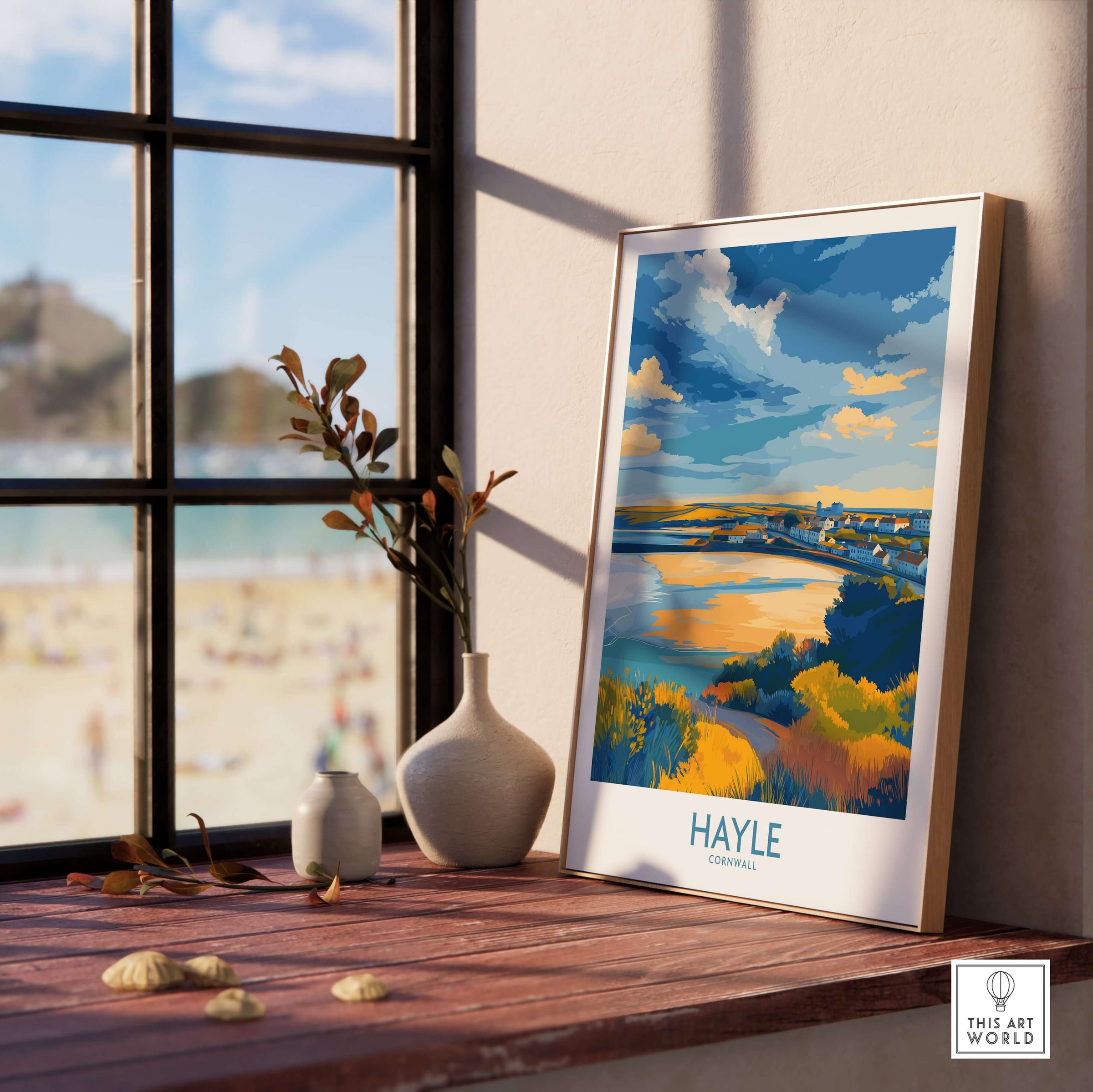 Hayle Estuary Panorama Wall Art - Cornish Travel Poster displayed in a sunny room with a coastal view.