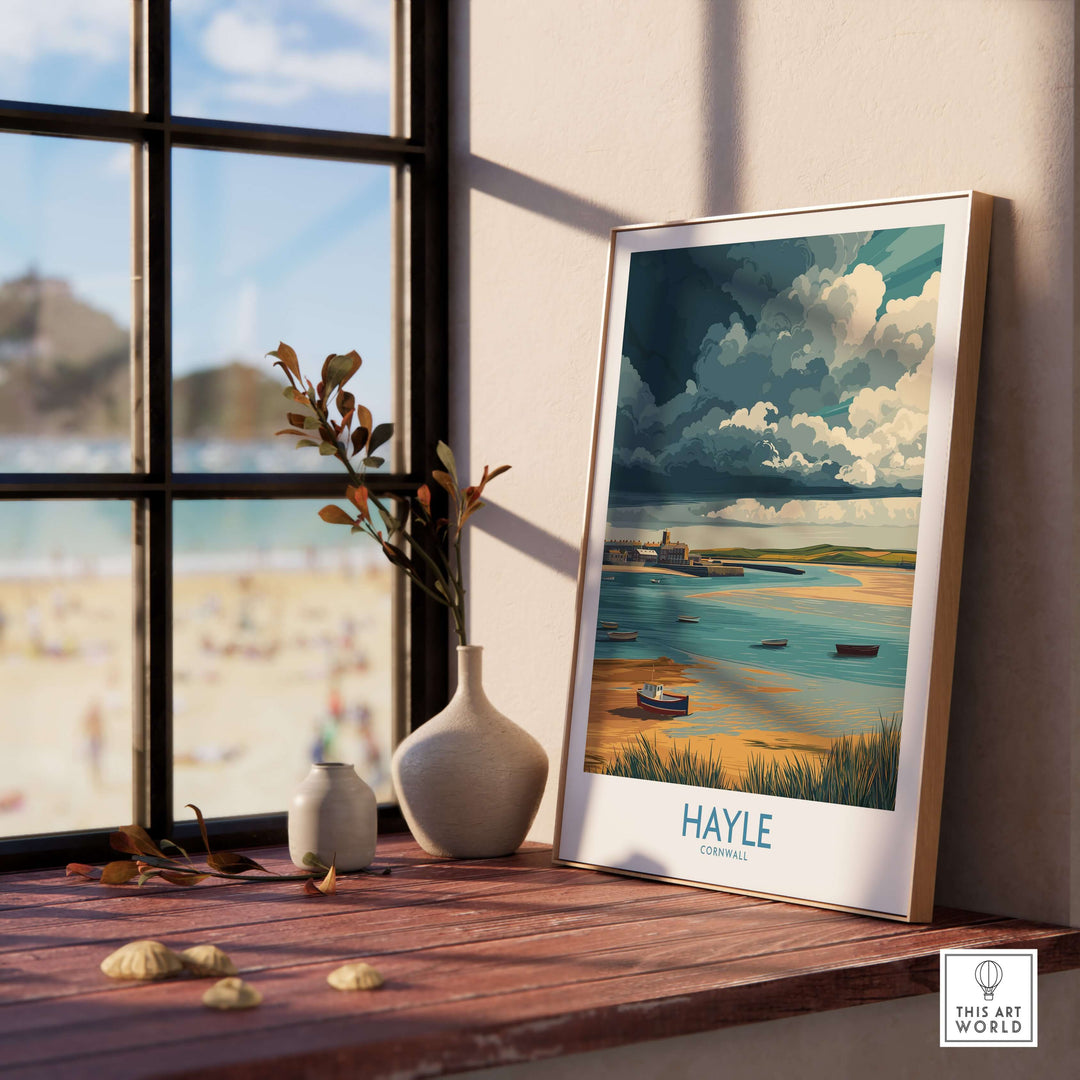Hayle Cornwall stormy sky seascape poster displayed indoors with ocean view and beach scene.