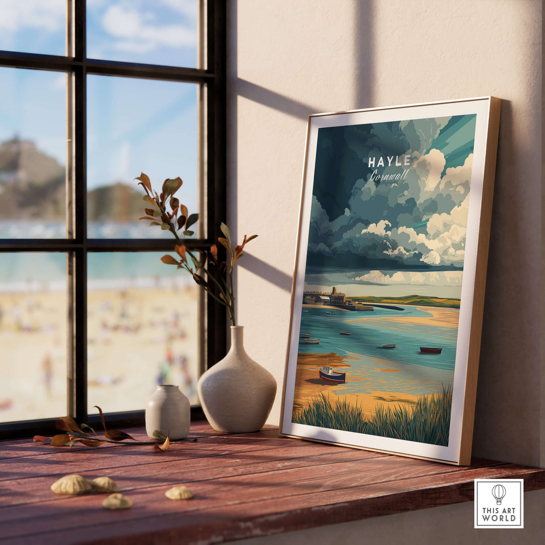 Hayle Boats in the Bay print displayed in a cozy interior, showcasing coastal Cornwall art.