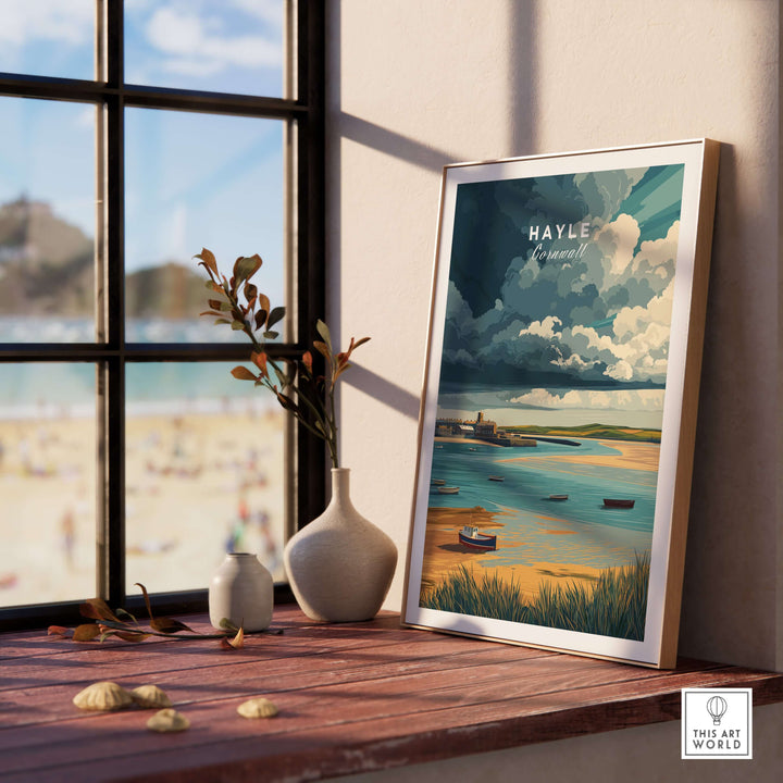 Hayle Boats in the Bay print displayed in a cozy interior, showcasing coastal Cornwall art.