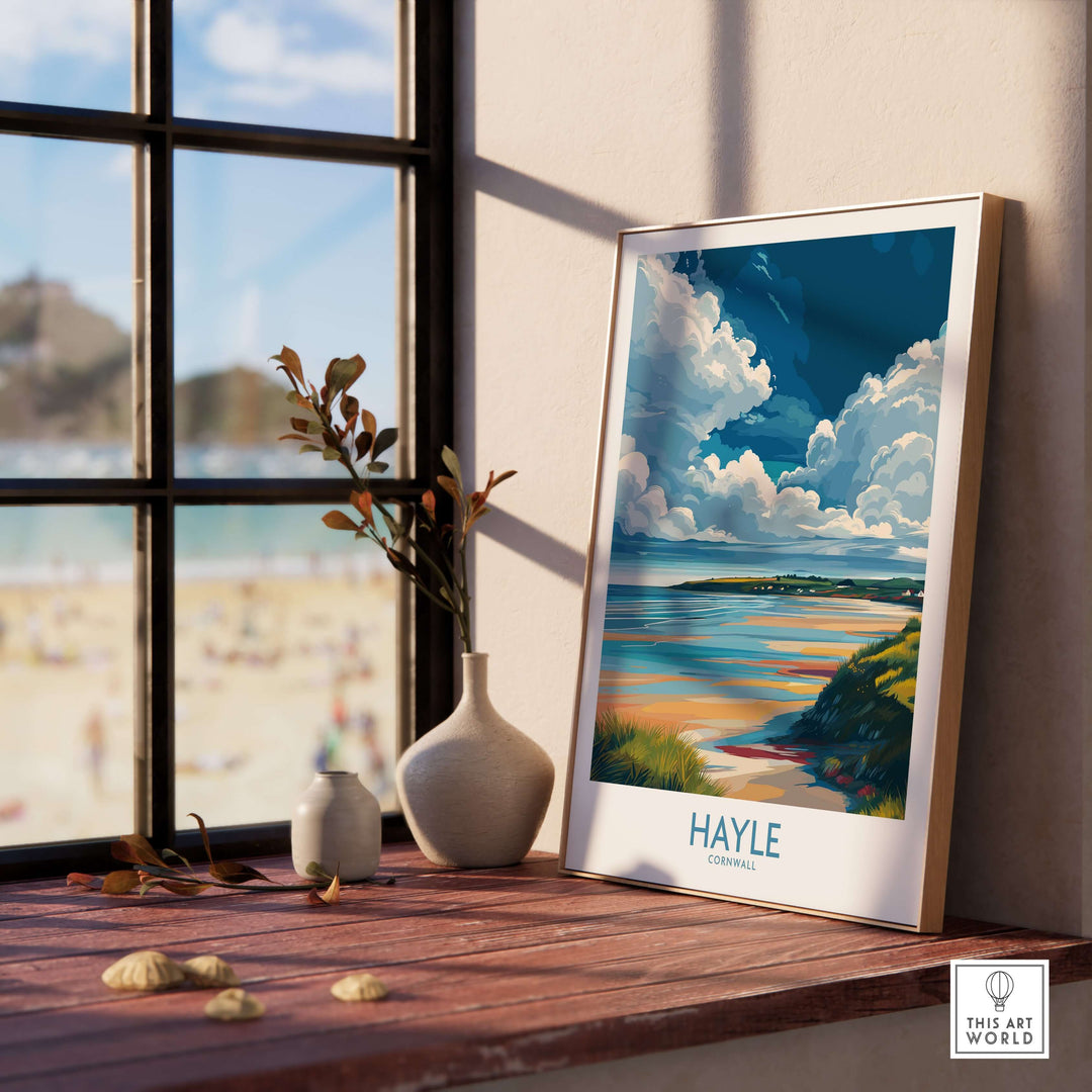 Hayle Wall Art featuring Cornwall's coast, showcasing nature and skies from a cozy indoor setting.