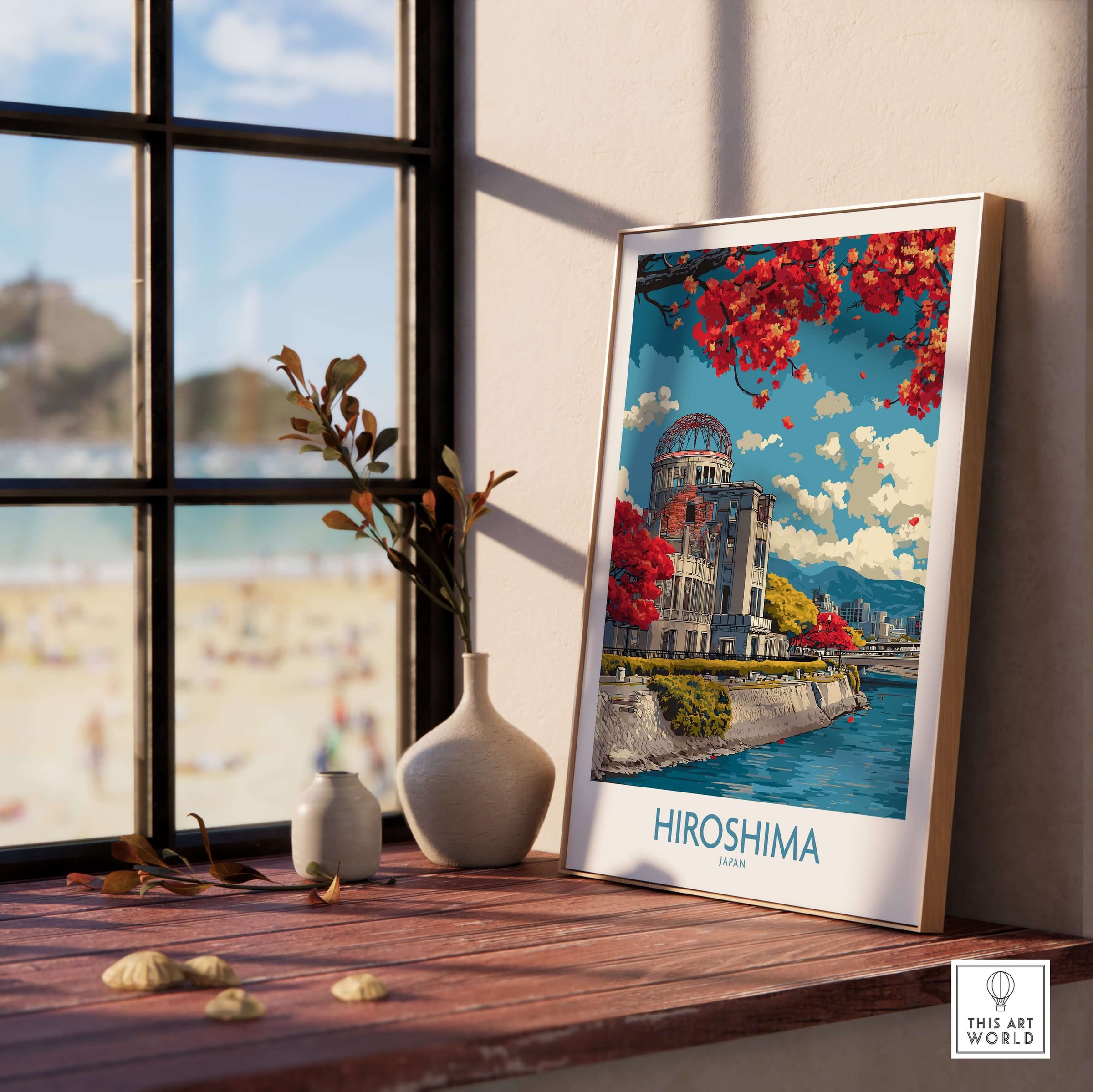 Hiroshima Japan Genbaku Dome Poster - Historic Landmark Decor featured in a cozy interior setting.