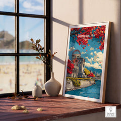 Hiroshima Japan Print Wall Art displayed by a window with plants, showcasing iconic landmarks and vibrant colors.
