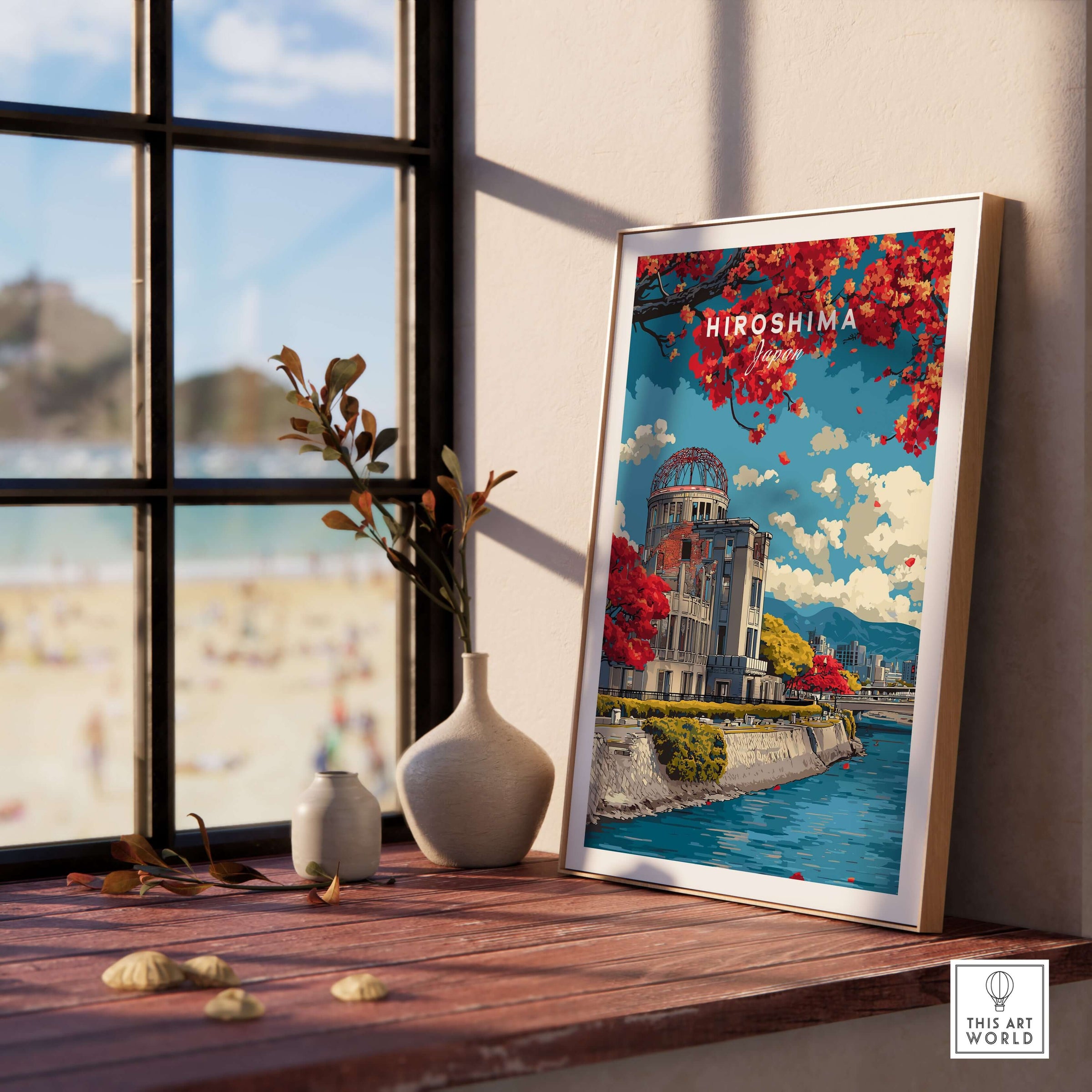 Hiroshima Japan Print Wall Art displayed by a window with plants, showcasing iconic landmarks and vibrant colors.