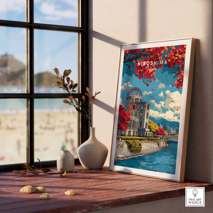 Hiroshima Japan print wall art featuring iconic landmarks and vibrant flowers in a beautifully arranged setting.