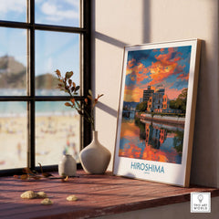 Hiroshima Japan Print - Symbolic Cityscape Decor displaying vibrant sunset over historic skyline in elegant frame.