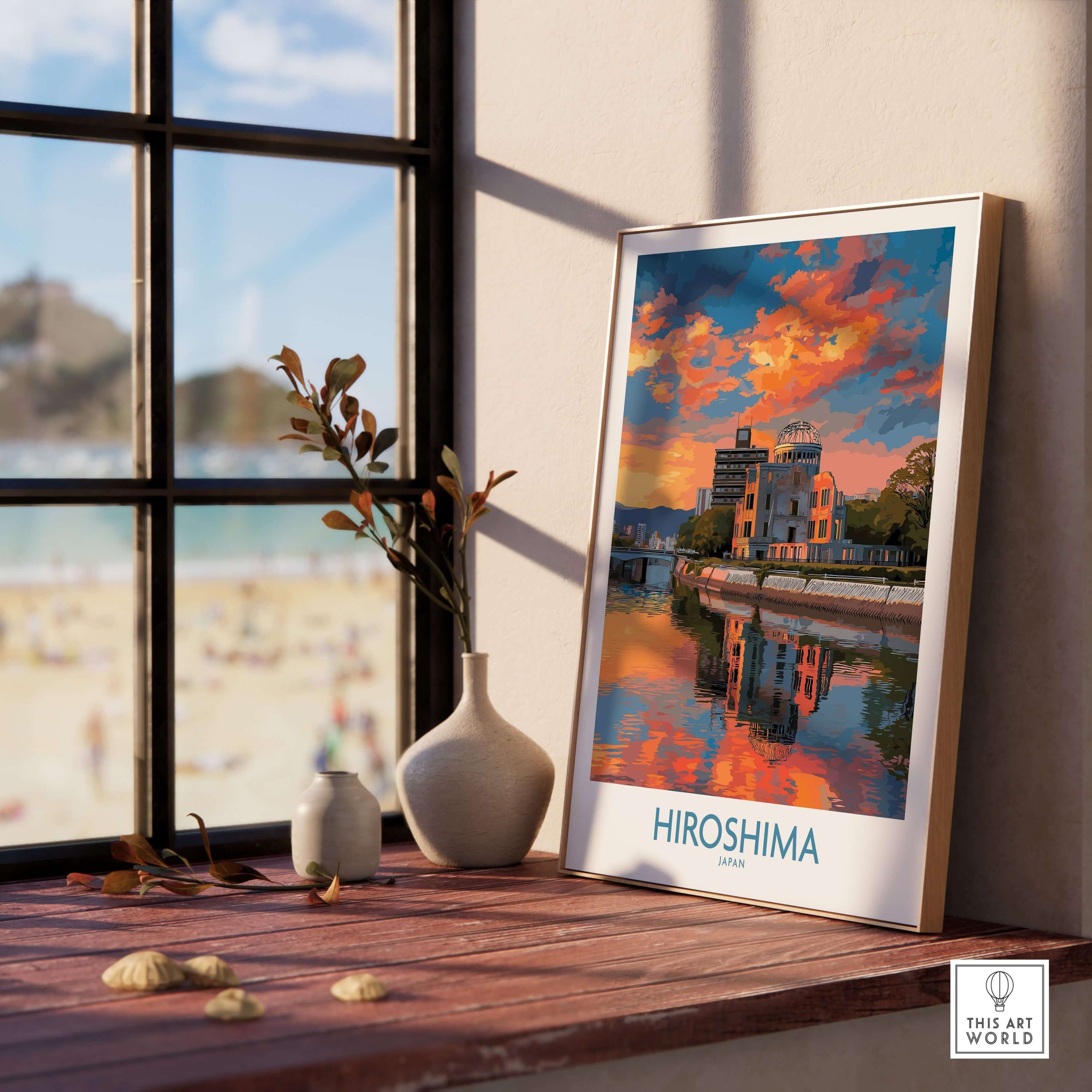 Hiroshima Japan Print - Symbolic Cityscape Decor displaying vibrant sunset over historic skyline in elegant frame.