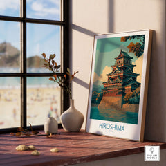 Hiroshima Japan Wall Art - Traditional Landmark Decor showcasing a beautiful castle against a coastal background.