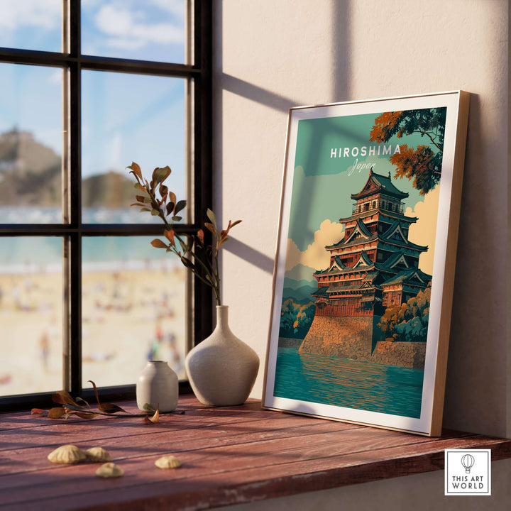 Hiroshima print showcasing historic Japanese architecture by a window, adding elegance to any space.