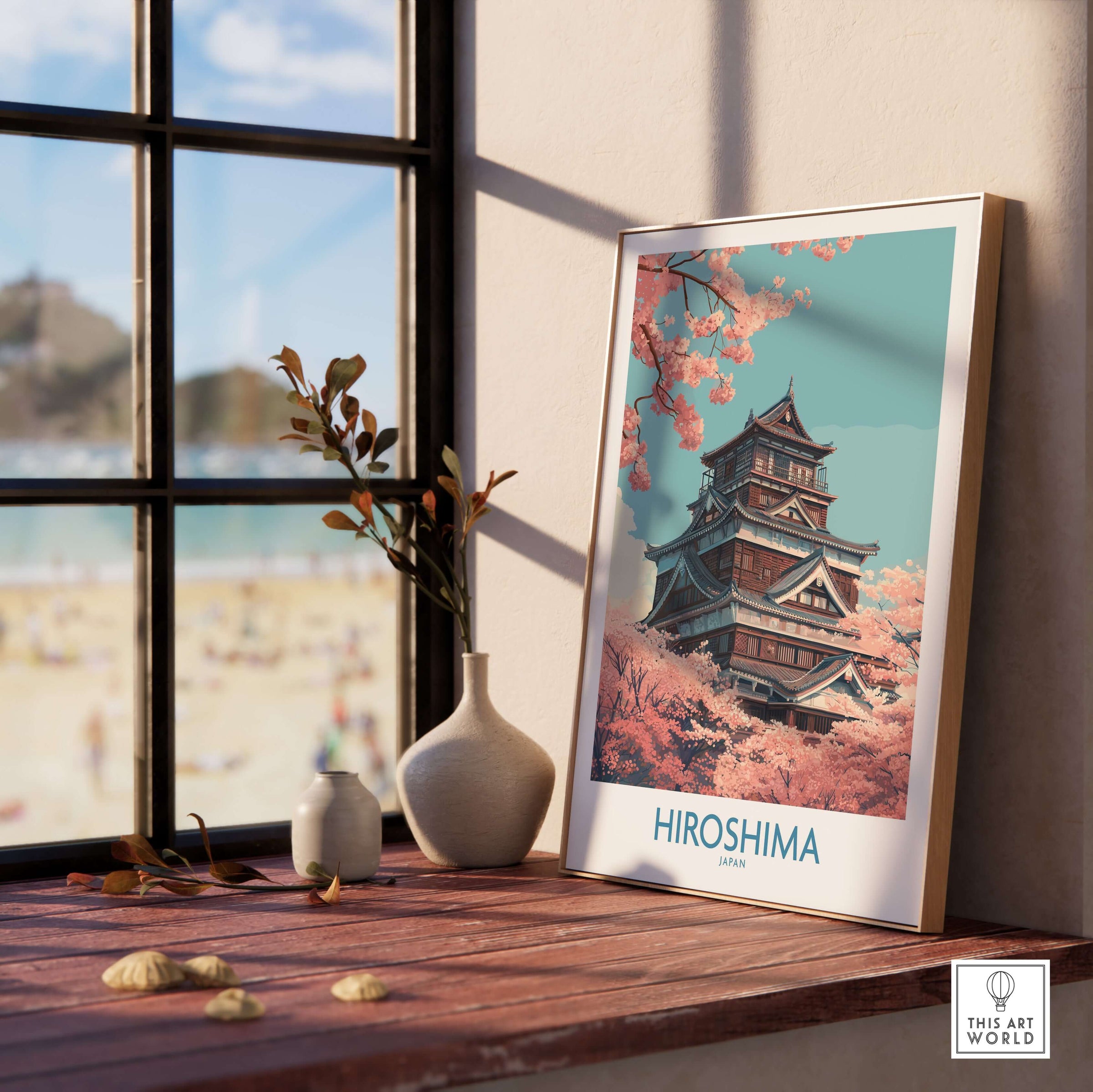 Hiroshima Wall Art Print Japan Cherry Blossom Poster displayed in a sunlit room, featuring vibrant cherry blossoms and a historical building.