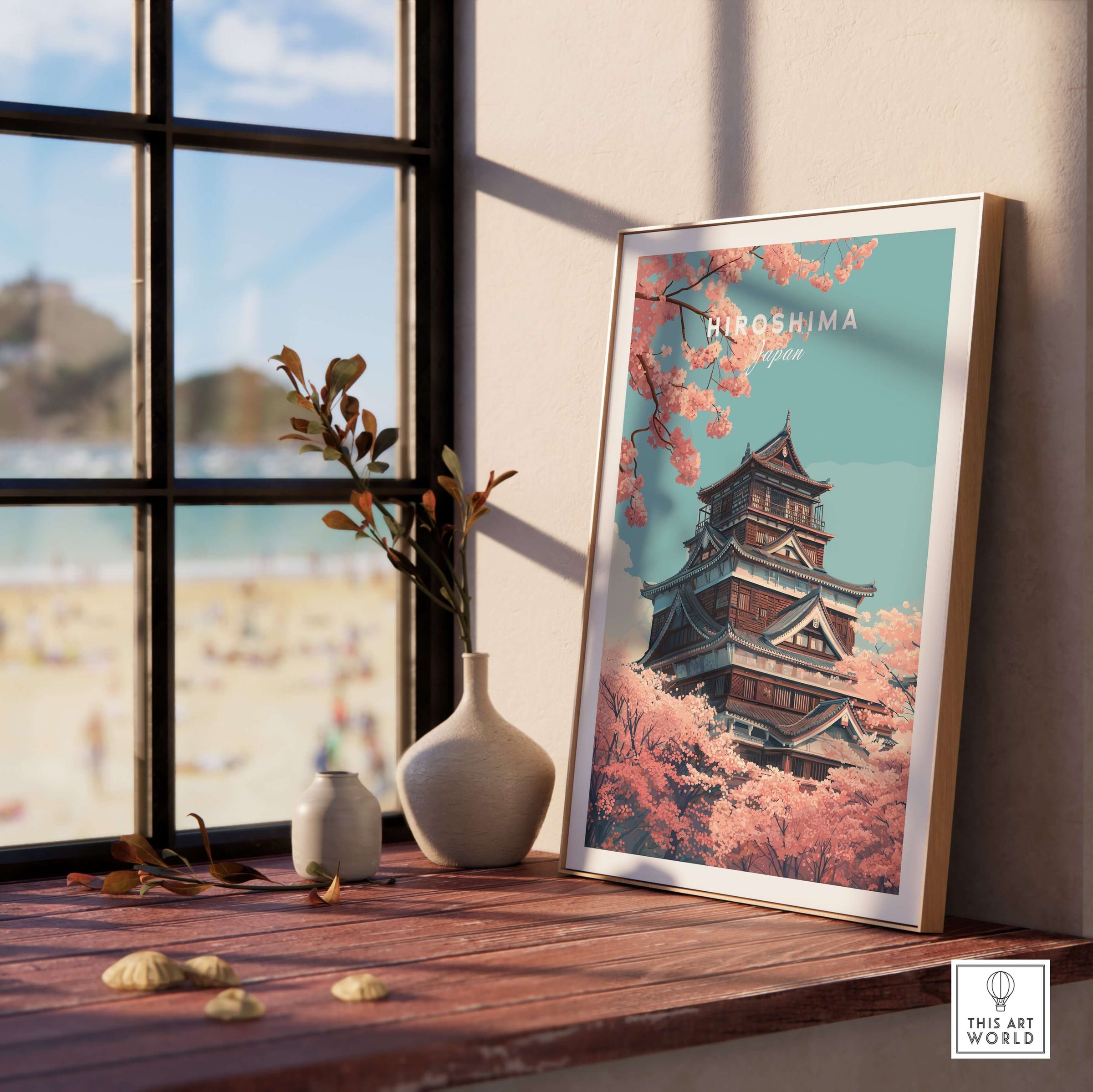Hiroshima Poster Japan Cherry Blossom - Springtime Japanese Landmark Art displayed in a sunny room with flowers.