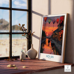 Hoi An Wall Art Vietnam - River Boats Poster featuring vibrant lanterns and a serene riverside sunset scene.