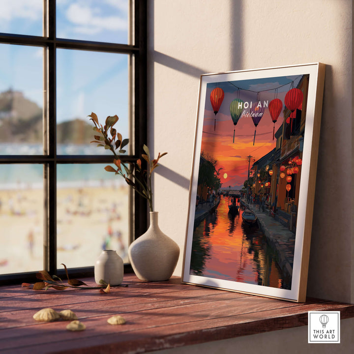 Hoi An Lantern Festival sunset print in a framed artwork by the window with a beach view.
