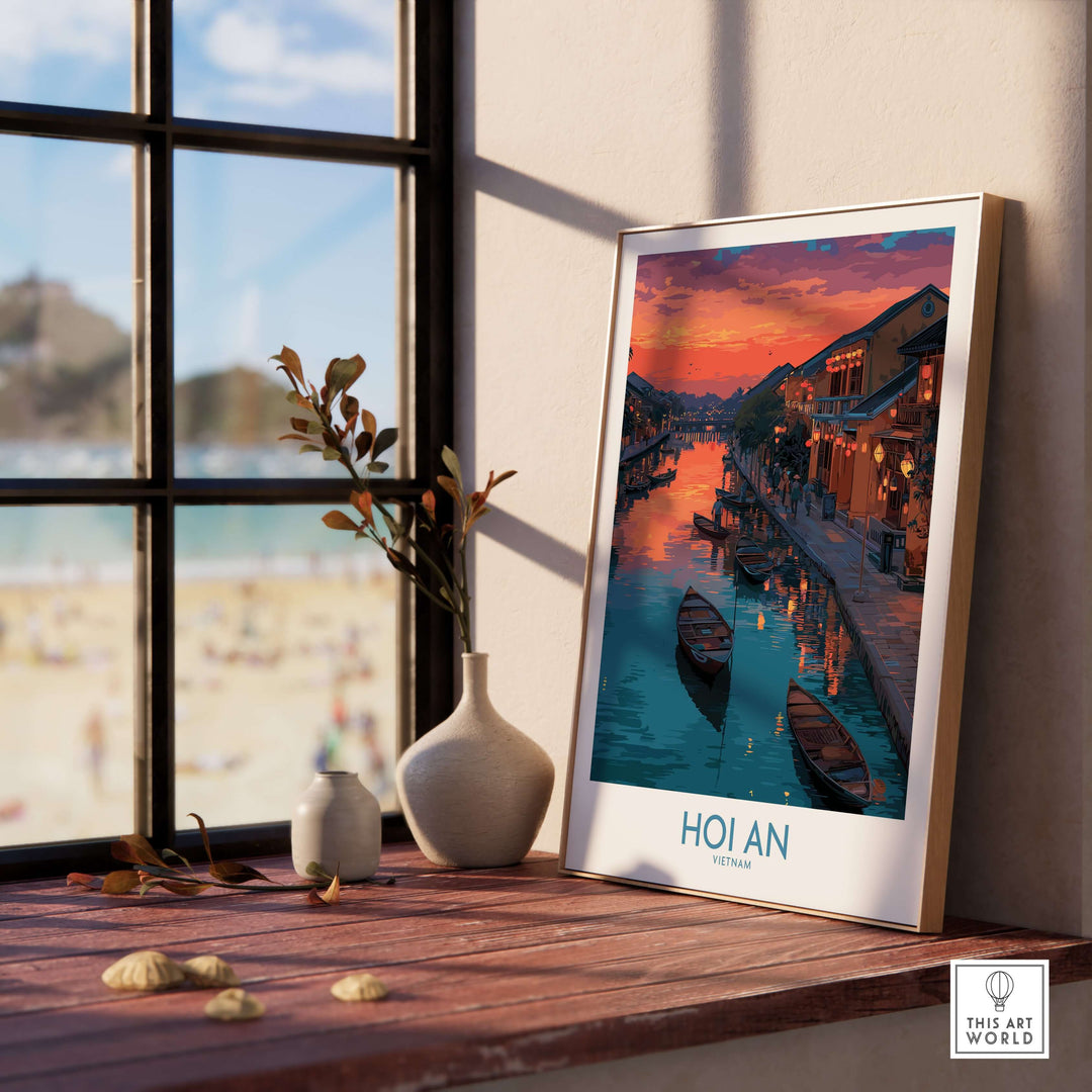 Beautiful Hoi An Vietnam poster depicting glowing lanterns by the river during sunset, displayed on a cozy windowsill.