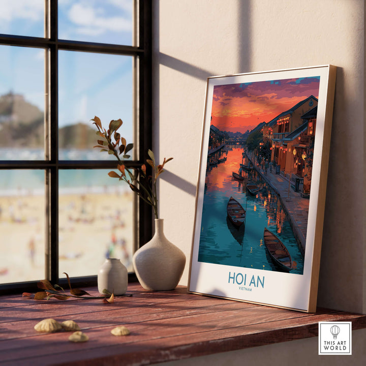 Beautiful Hoi An Vietnam poster depicting glowing lanterns by the river during sunset, displayed on a cozy windowsill.