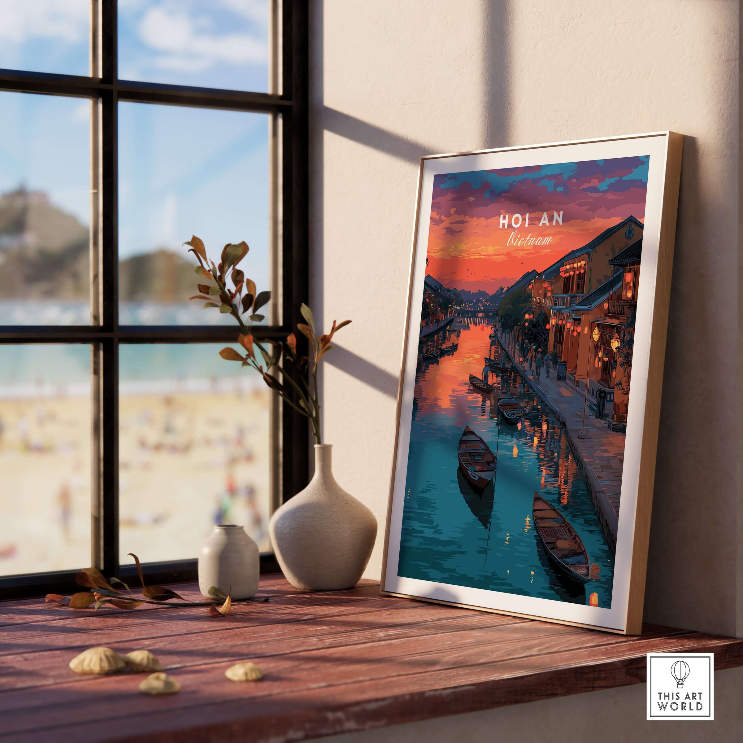 Hoi An Vietnam Poster - Ancient Town Wall Art framed and displayed in a cozy room with a beach view.
