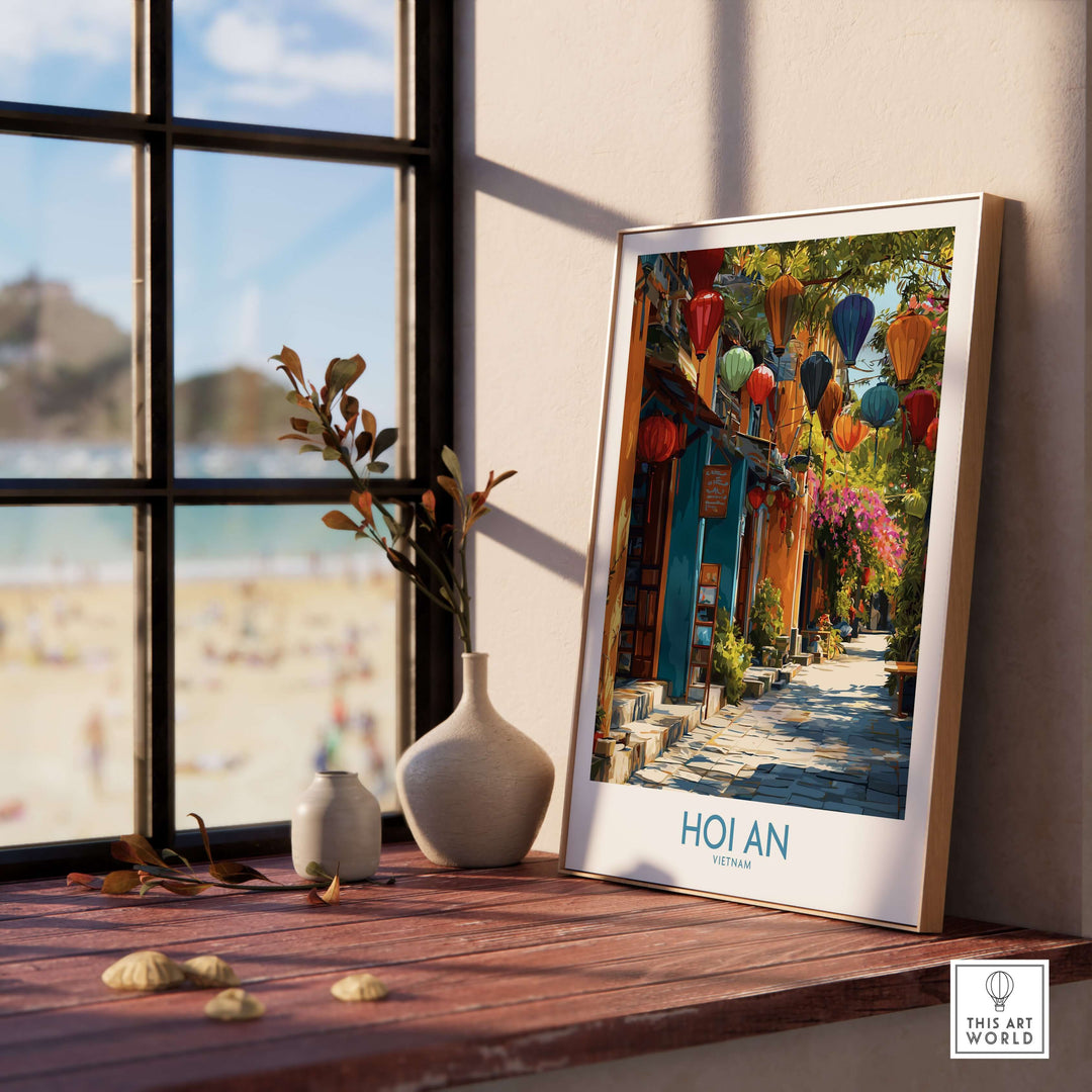 Hoi An Vietnam colorful lantern wall art print displayed on a shelf with a beach view, enhancing home decor.