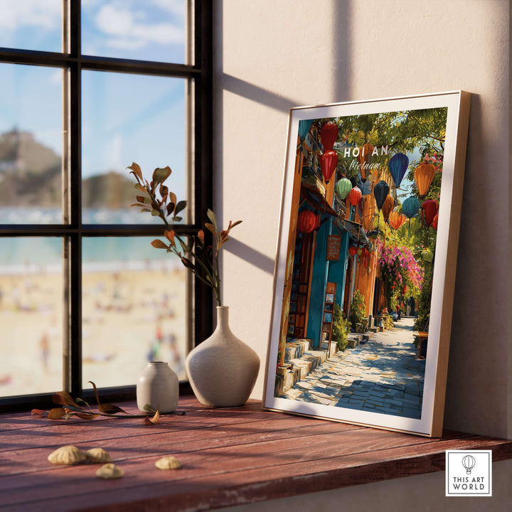 Hoi An Vietnam poster featuring vibrant lanterns in the UNESCO Old Quarter, displayed on a wooden shelf.
