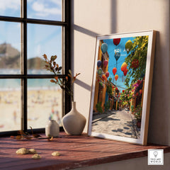Hoi An Vietnam Colorful Lantern Street Poster - Ancient Town Hallway Print displayed on a wooden table near a window.