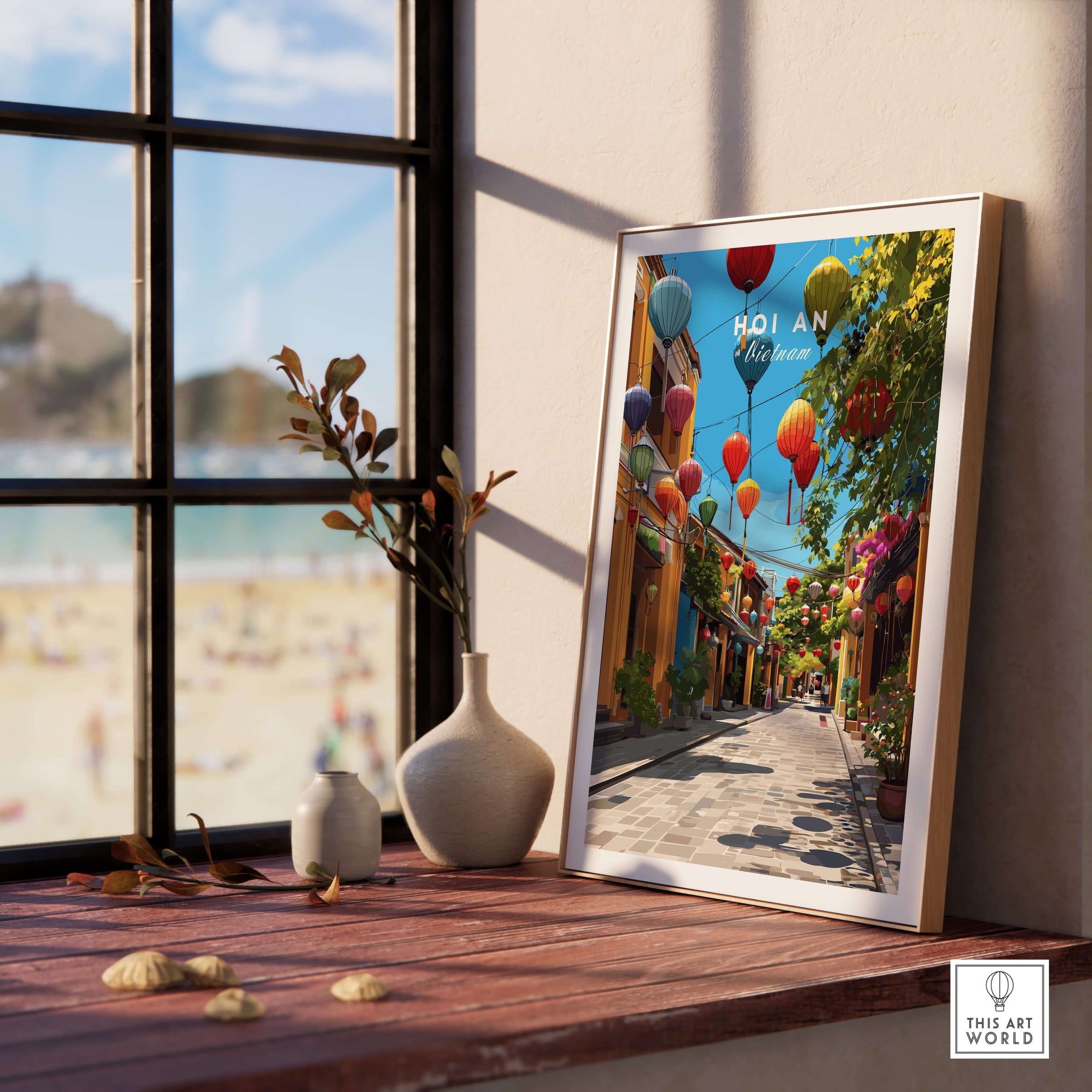 Hoi An Vietnam Colorful Lantern Street Poster - Ancient Town Hallway Print displayed on a wooden table near a window.