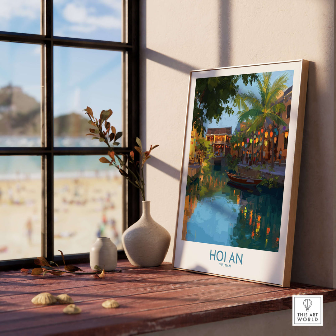 Hoi An wall art depicting a serene evening river scene, showcasing Vietnam's tranquil beauty and cultural richness.
