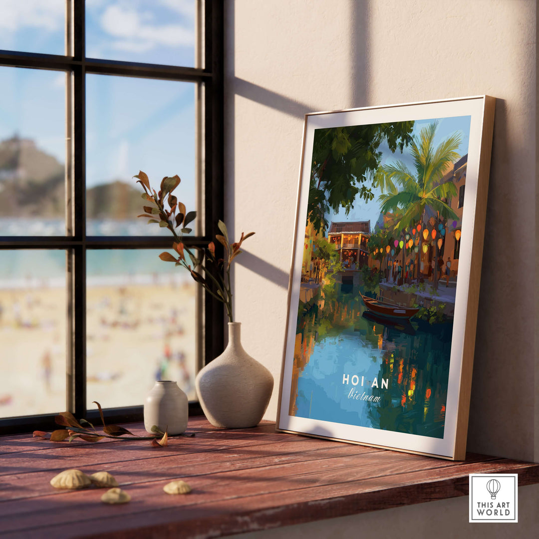 Old Town Lanterns poster of Hoi An, Vietnam, showcasing vibrant lanterns and historic streets in a cozy indoor setting.