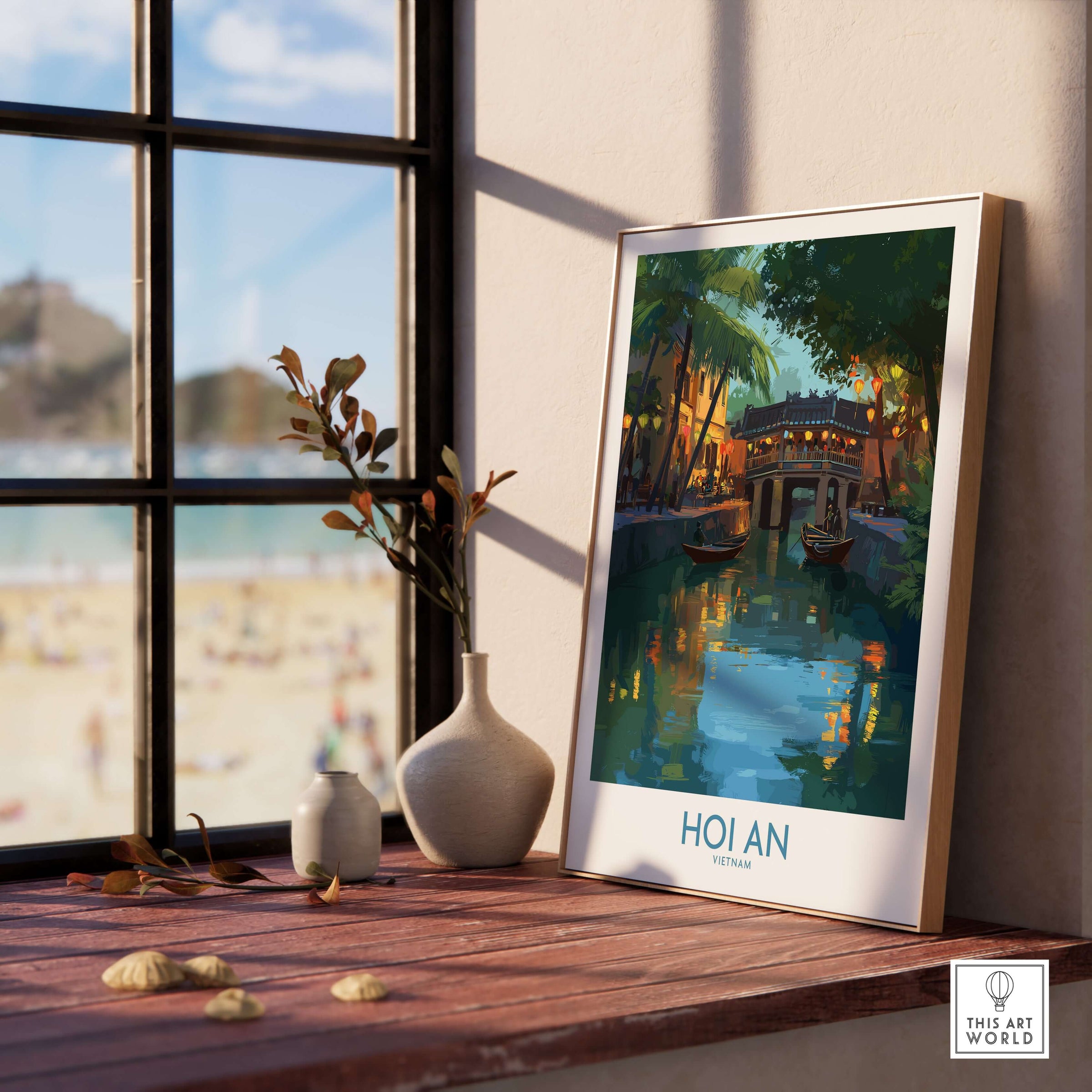 Hoi An Vietnam River Scene Wall Art - Vietnamese Heritage Decor displayed on a windowsill with a beach view.