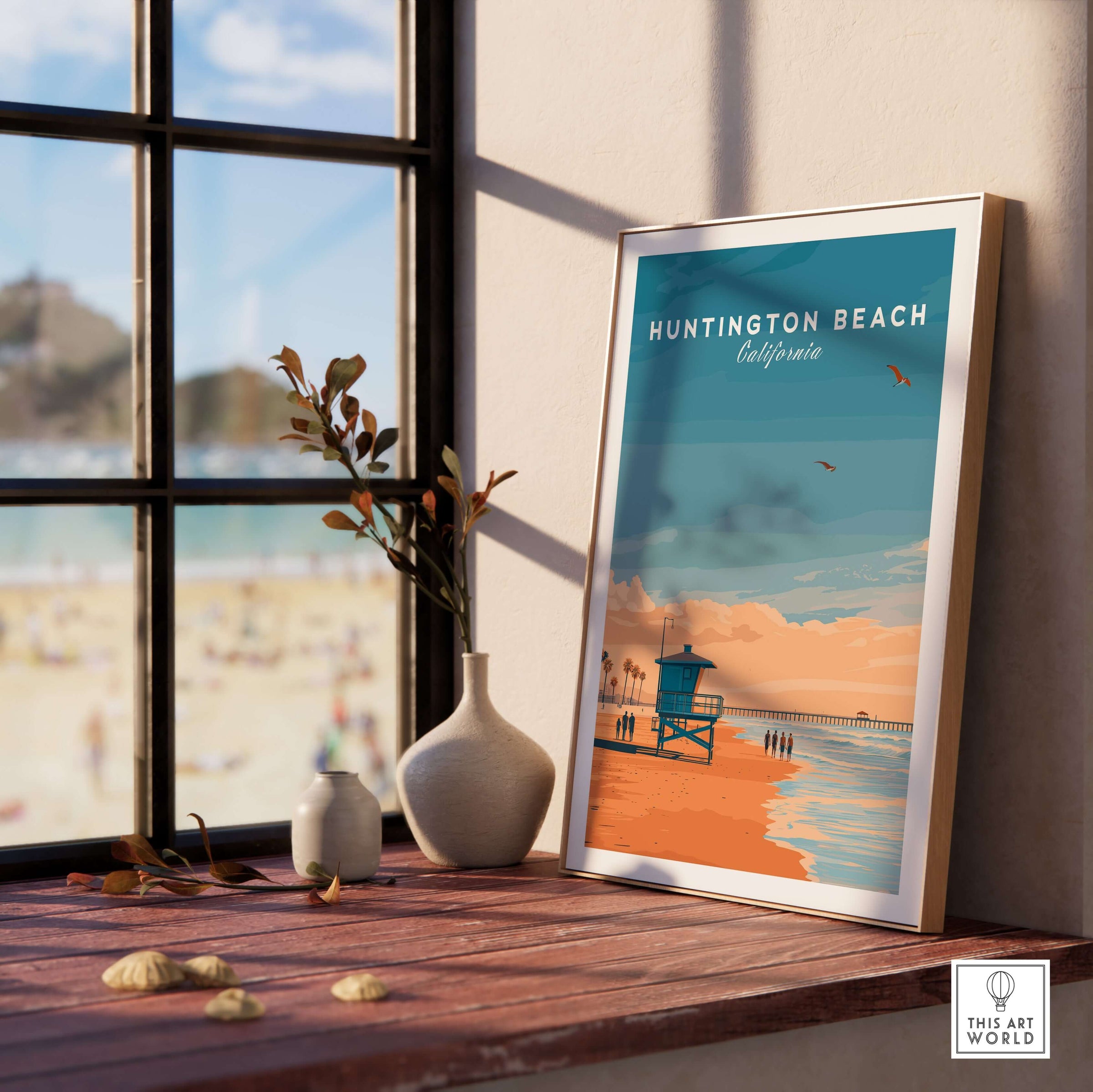 Huntington Beach Lifeguard Tower Print - California Sunset Wall Art displayed in a sunny coastal interior setting.