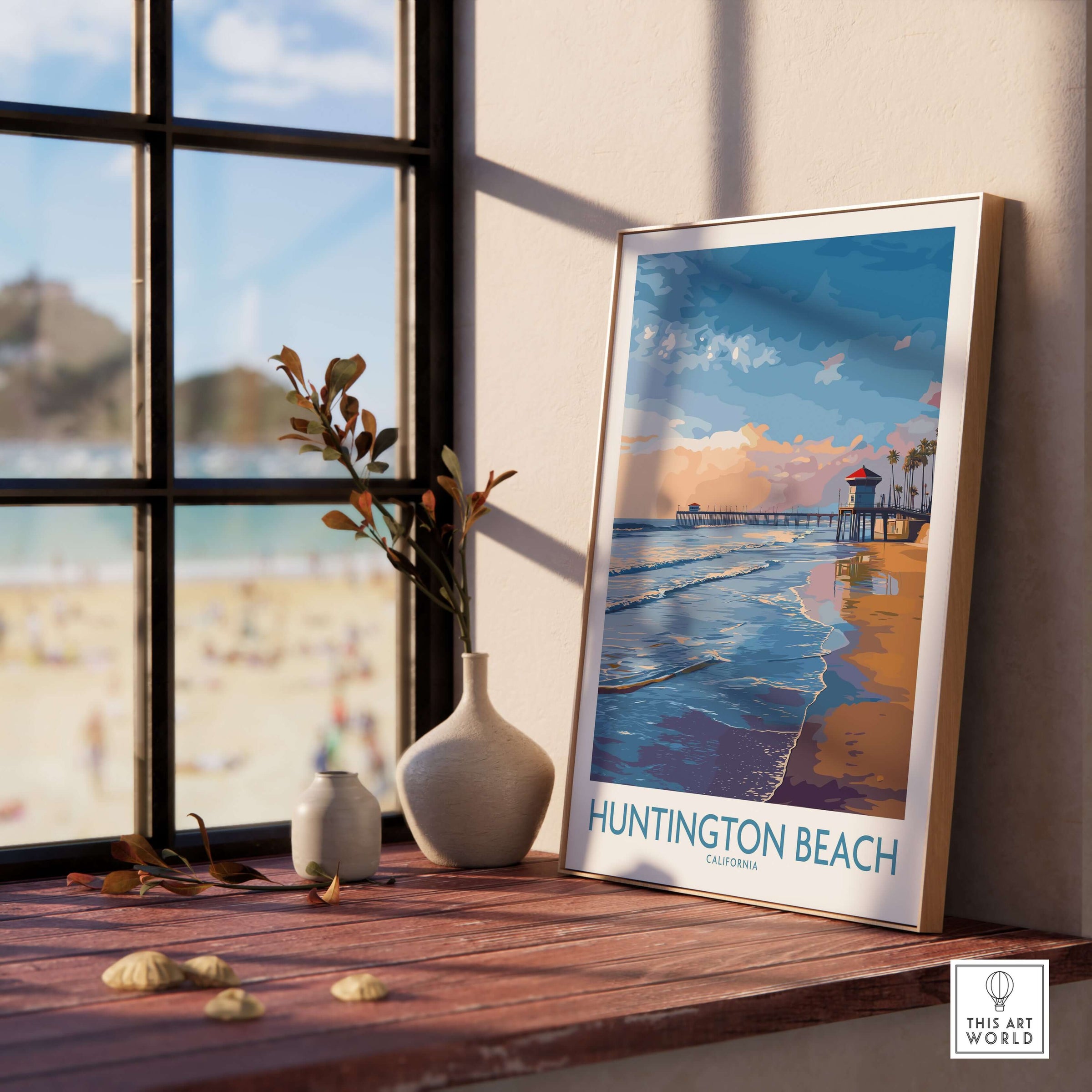 Huntington City Beach Orange County Poster - Surfing City Wall Art displayed on a wooden table near a window.