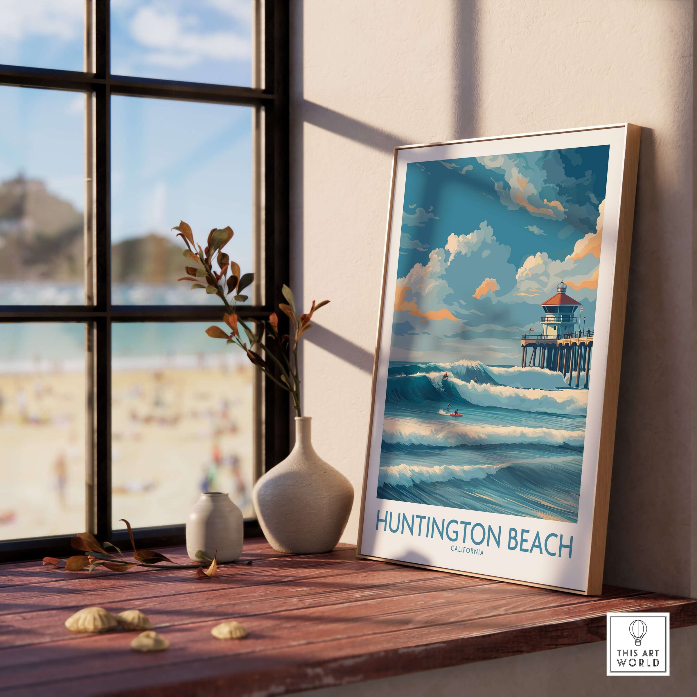 Huntington Beach California Surfing Poster - California Beach Print displayed on a wooden table with a coastal view.