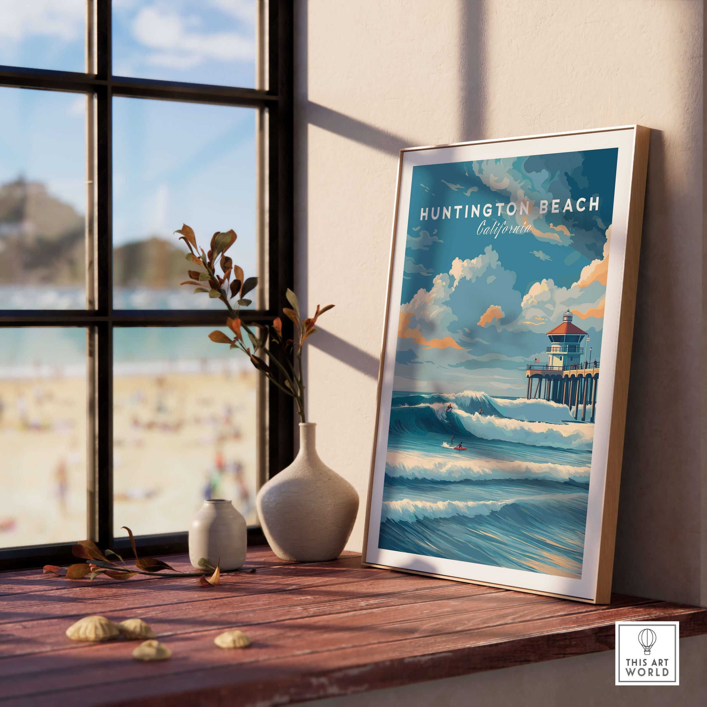 Huntington Beach Surfers Catching Waves Print - California Surfing Wall Art displayed in a bright interior setting.
