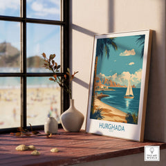 Hurghada Egypt Poster - Egyptian Coastal Decor displayed on a wooden table by a sunny window with beach view.