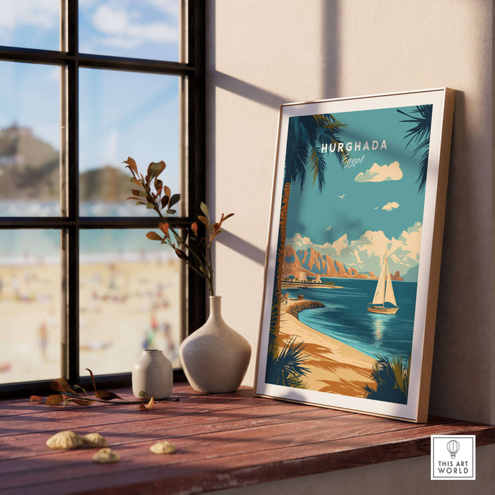 Hurghada Egypt Red Sea beach print framed on a table, showcasing tropical resort vibes and coastal scenery.