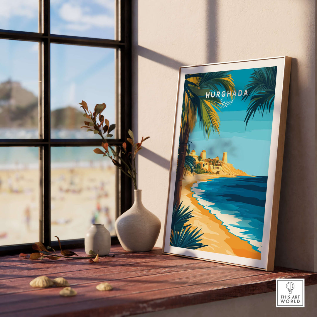 Colorful Hurghada Egypt beach poster on a wooden shelf, showcasing the Red Sea's crystal-clear waters and sandy shores.