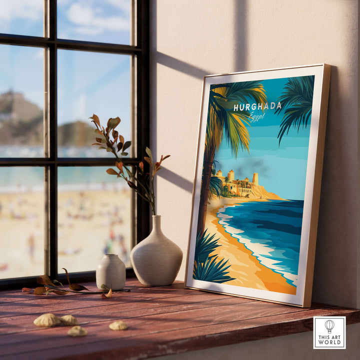 Colorful Hurghada Egypt beach poster on a wooden shelf, showcasing the Red Sea's crystal-clear waters and sandy shores.