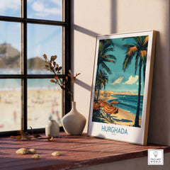 Hurghada Poster Egypt - Egyptian Resort Decor displayed in a sunny room, showcasing palm trees and a beach view.