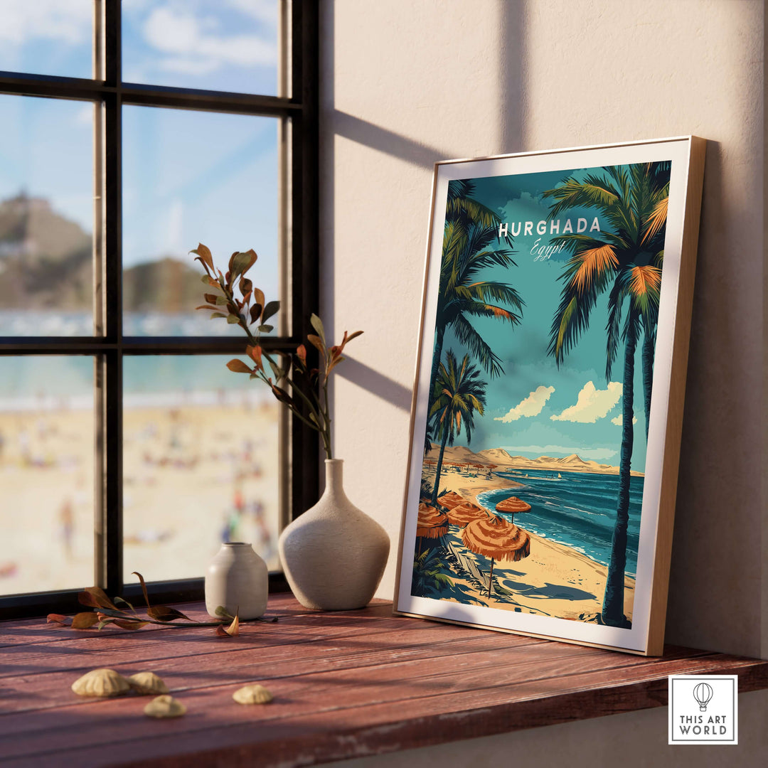 Hurghada Egypt print showcasing tropical coastal views and palm trees, perfect for vacation-themed wall art.
