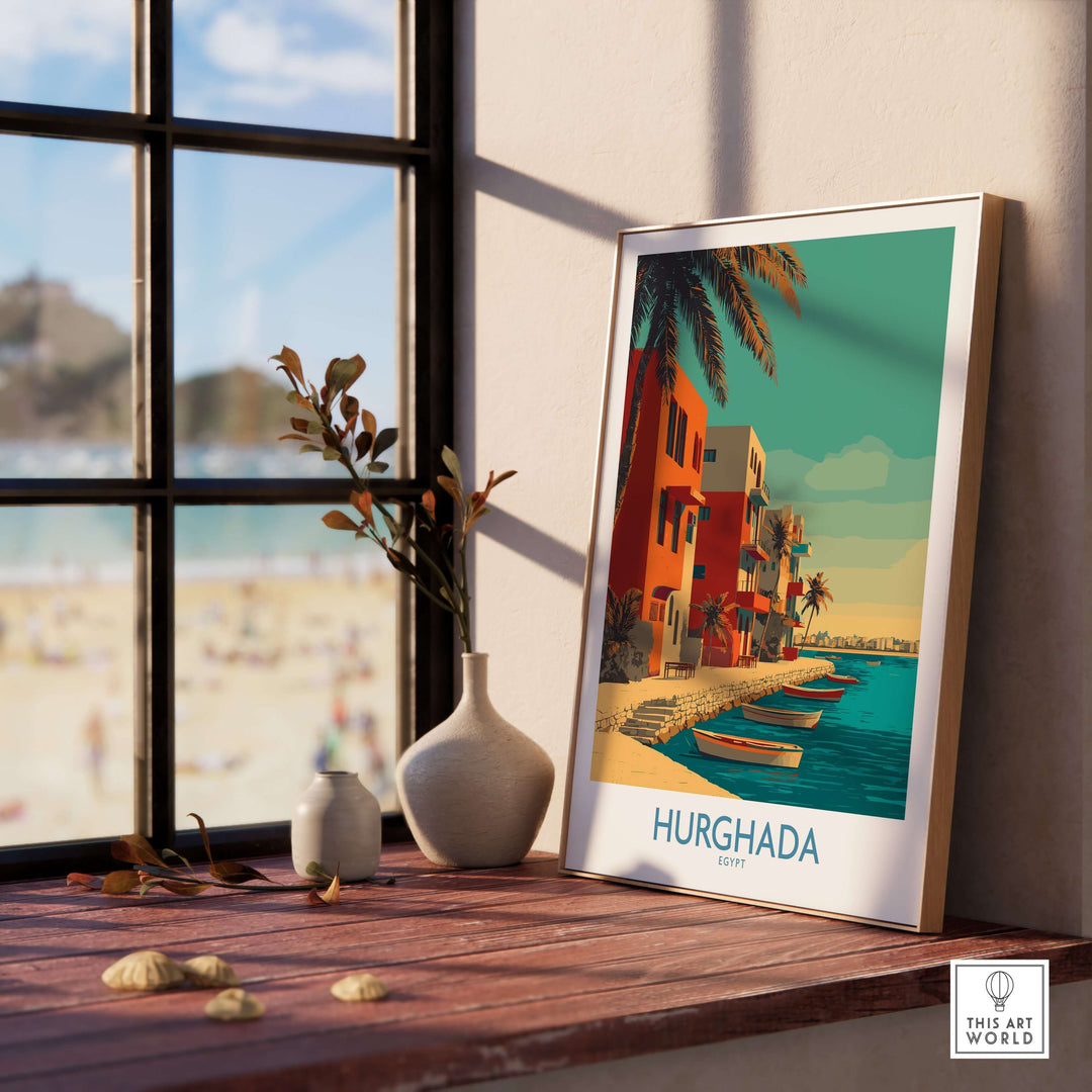 Hurghada Egypt wall art print displayed in a sunlit room, showcasing vibrant coastal scenes and palm trees.