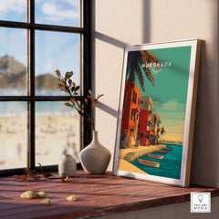 Hurghada Egypt Poster - Red Sea Boats Print displayed in a cozy room with coastal views and tropical decor.