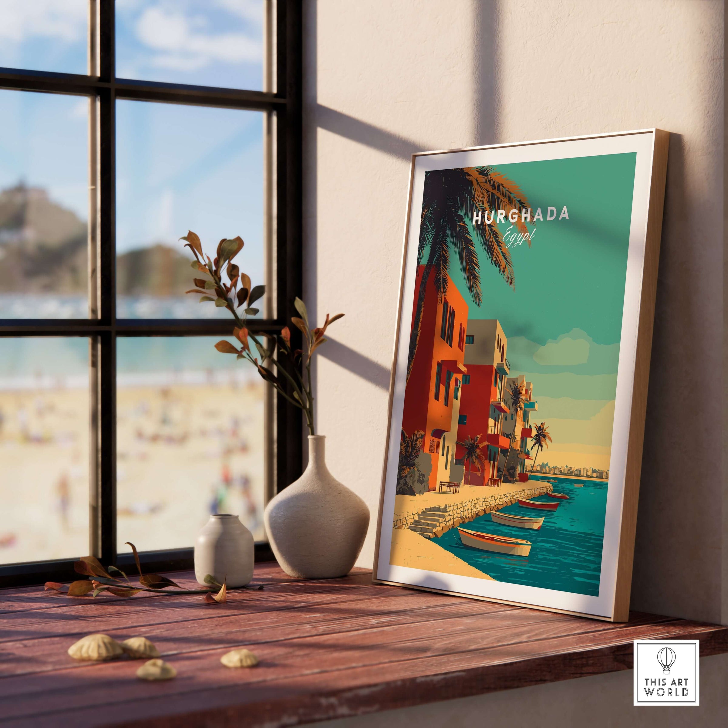 Hurghada Egypt Poster - Red Sea Boats Print displayed in a cozy room with coastal views and tropical decor.