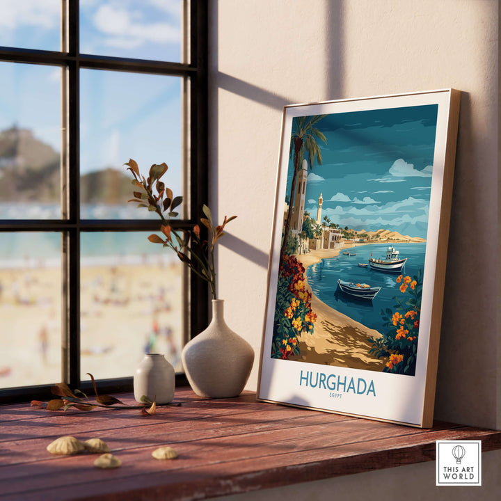 Hurghada poster art print featuring coastline and boats, bright colors and serene beach view, perfect for décor.