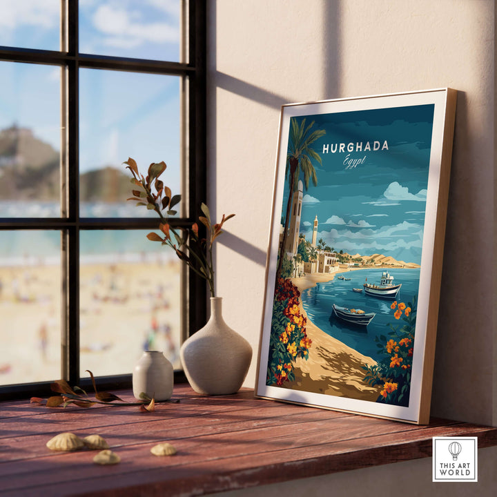 Framed Hurghada print capturing Egypt's Red Sea coast, vibrant colors, and serene beach view.