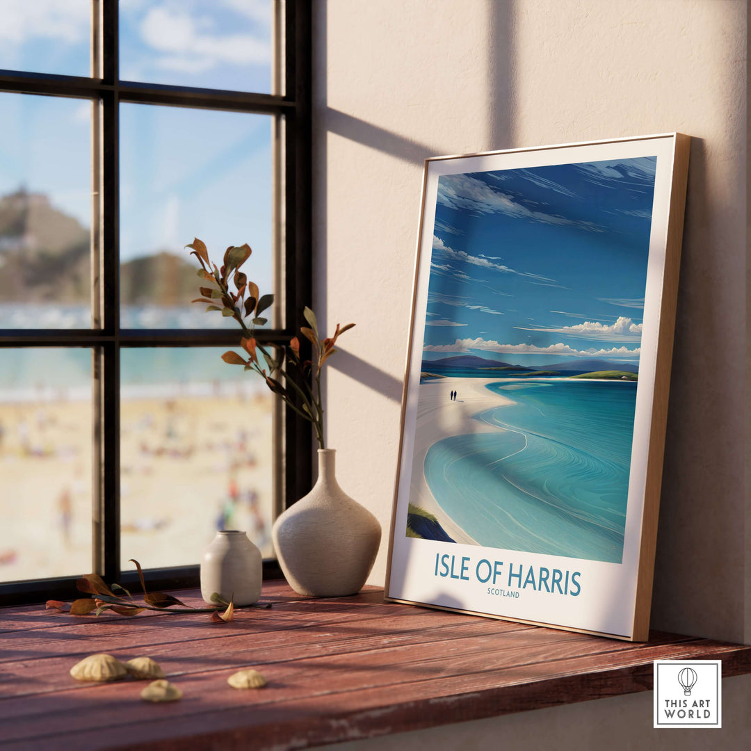 Isle of Harris travel poster showcasing Scotland's scenic coastal beauty, framed on a windowsill.