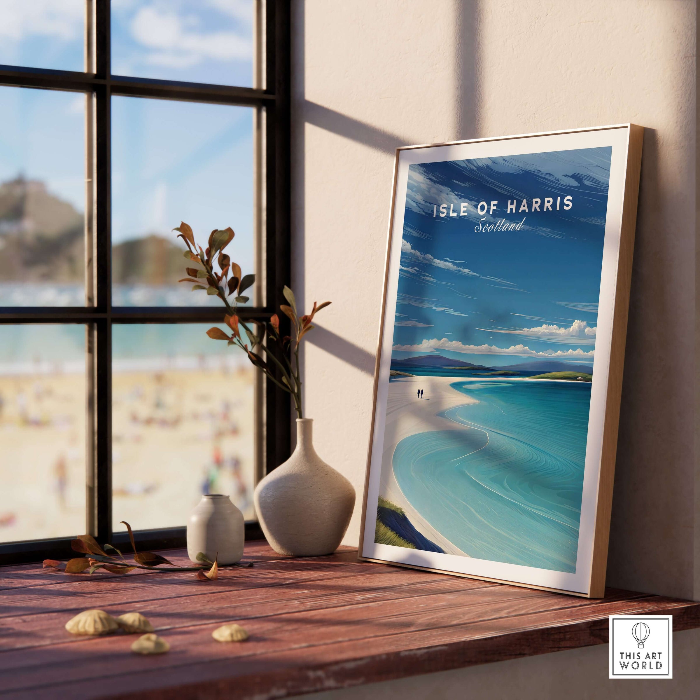 Isle of Harris Scotland Luskentyre Beach Print - White Sand Coastal Wall Art displayed in a sunny room by a window.