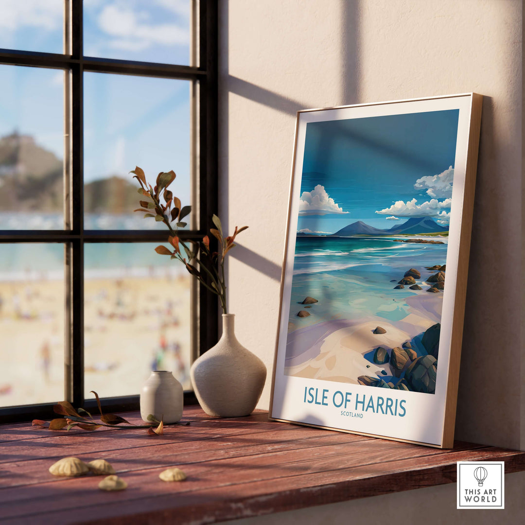 Framed Isle of Harris poster showcasing Scotland's clear waters and seascape, enhancing coastal decor.