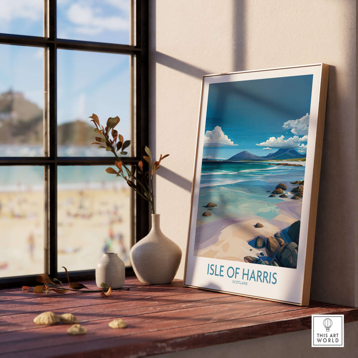 Framed Isle of Harris poster showcasing Scotland's clear waters and seascape, enhancing coastal decor.
