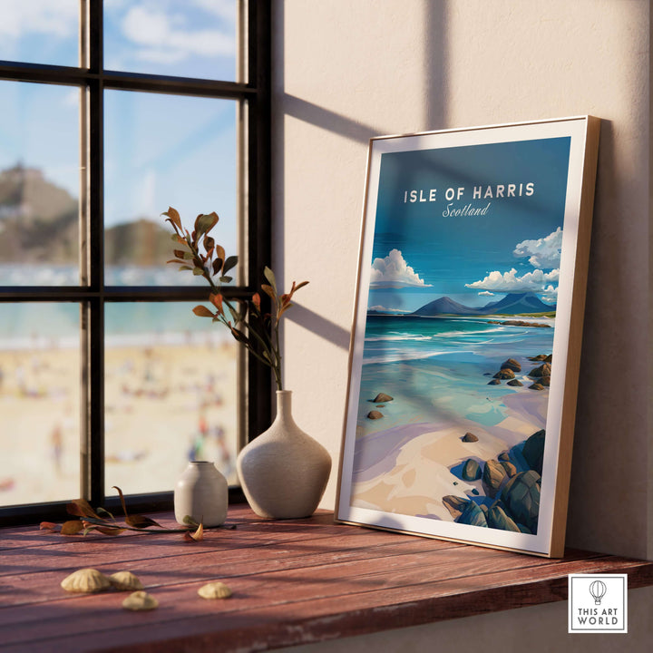 Isle of Harris Scotland blue sky beach print displayed in a sunny interior, enhancing coastal ambiance.